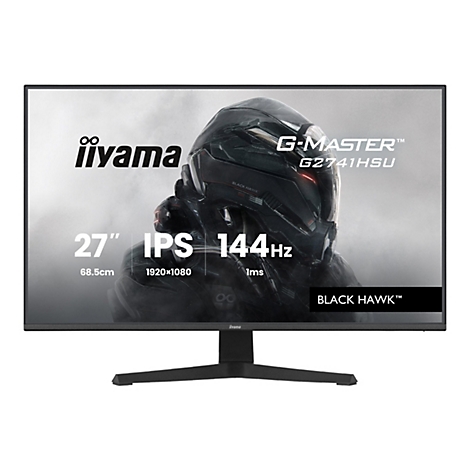 Ein schwarzer iiyama G-MASTER G2741HSU Monitor mit dem Titel "BLACK HAWK". Auf dem Bildschirm ist ein düsteres Bild eines Roboterkopfes zu sehen.