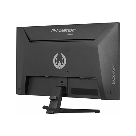 Schwarzer Gaming-Monitor von hinten, Logo und Anschlüsse erkennbar. Schriftzug "G-MASTER" und "BLACK HAWK".