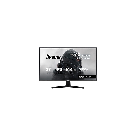 Schwarzer iiyama-Monitor mit Produktbezeichnung G2741QSU, vor einem schwarzen Hintergrund, mit technischen Daten.