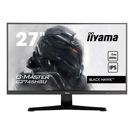 Schwarzer iiyama G-Master Monitor, 27 Zoll, mit Black Hawk Grafik. Auf dem Monitor Schriftzüge wie "1ms 100Hz IPS" und "G2745HSU".