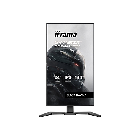 Ein schwarzer iiyama G-Master Monitor, Modell GB2441HSU, mit 'Black Hawk'-Design und technischen Angaben: 24 Zoll, IPS, 144Hz.