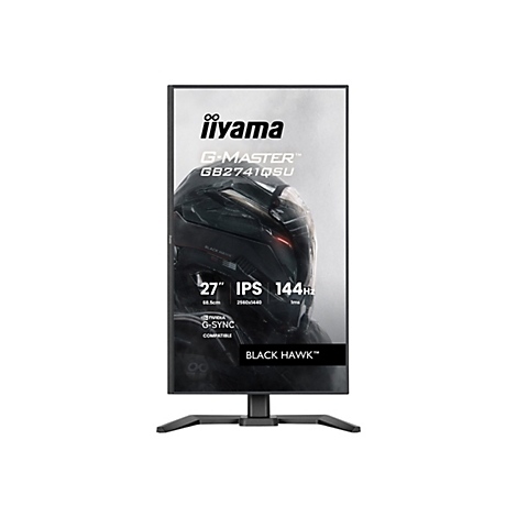 Ein schwarzer iiyama G-MASTER GB2741QSU Monitor mit dem Schriftzug "Black Hawk" und technischen Spezifikationen wie 27", IPS, 144Hz.