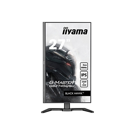 Ein iiyama G-Master GB2745QSU Monitor mit 27 Zoll Bildschirm, schwarzem Rahmen und Standfuß. Auf dem Display-Hintergrund ist ein Helm abgebildet.