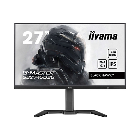 Ein schwarzer iiyama G-Master Monitor, mit dem Aufdruck "27 Zoll", Details wie "1ms 100Hz", "2560x1440 IPS" und dem Slogan "Black Hawk".