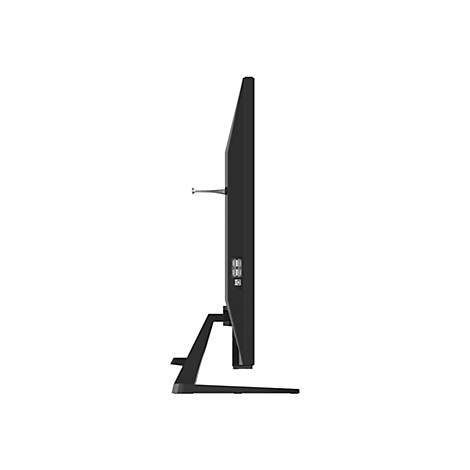 Vue latérale d'un moniteur noir. Détails : support, ports.
