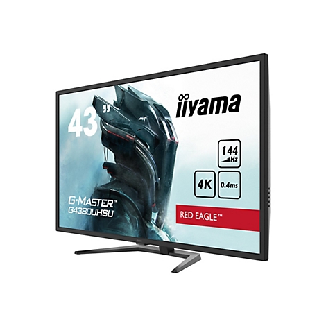 Un moniteur iiyama G-Master de 43 pouces. Sur l'écran, les spécifications techniques telles que 144 Hz, 4K et 0,4 ms sont indiquées.