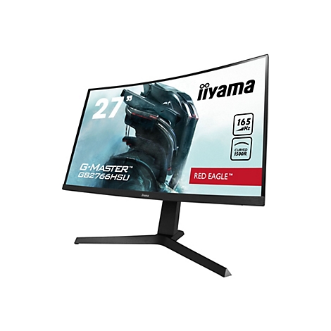 Un moniteur iiyama noir et incurvé avec du texte rouge. L'écran affiche les mots "27", "G-MASTER", "165 Hz" et "RED EAGLE".