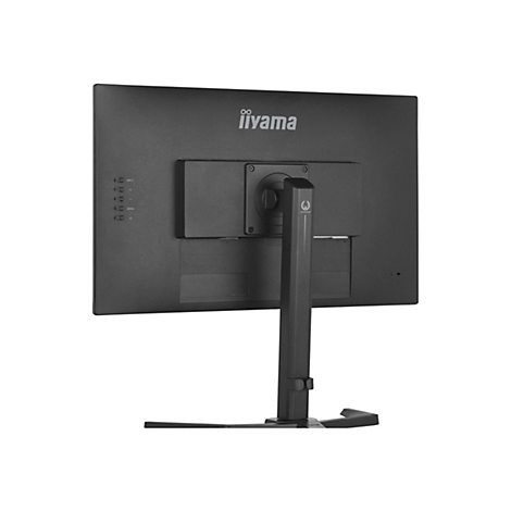 Rückansicht eines schwarzen iiyama-Monitors, der auf einem weißen Hintergrund steht. Der Monitor ist an einem Ständer befestigt. Auf der Rückseite sind Bedienelemente mit der Aufschrift INPUT, +, -, MENU und einem Einschaltknopf angebracht. Das Logo 'i...
