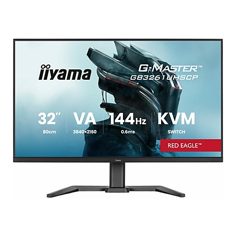Écran iiyama noir avec des accents rouges. L'écran affiche du texte tel que "G-MASTER" et des détails techniques comme "144Hz" et "KVM".