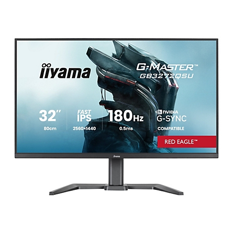 Un moniteur iiyama noir avec lettrage G-Master. Il s'agit d'un écran de 32 pouces avec 180 Hz, un temps de réponse de 0,5 ms et une compatibilité NVIDIA G-SYNC.