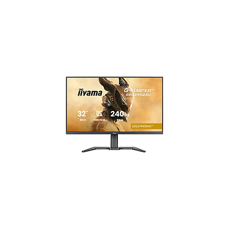 Ein 32-Zoll-Monitor mit der Aufschrift "iiyama G-Master Gold Phoenix", mit technischen Daten wie 240 Hz und 2560x1440 Pixel.