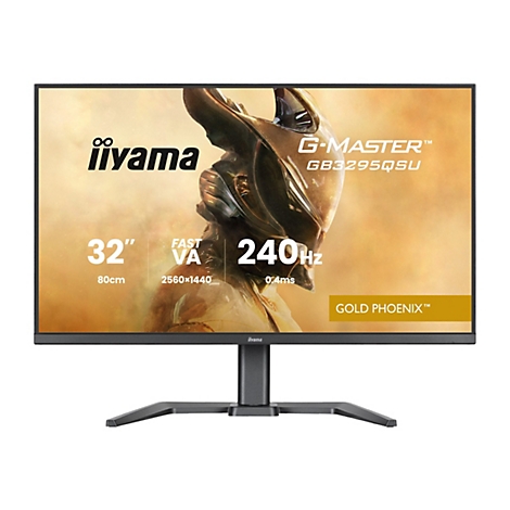 Un écran iiyama noir portant la mention 'G-MASTER' et 'Gold Phoenix', affichant des spécifications techniques telles que 32", 240Hz et 0,4ms.