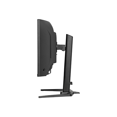 Vue de profil d'un écran noir avec support. Le côté, l'arrière et le support sont visibles.