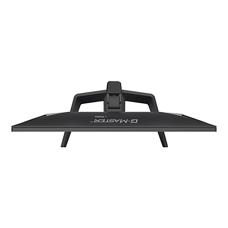 Draufsicht auf einen schwarzen Monitor, darunter ein Sockel und Beine. Auf der Vorderseite steht „G-MASTER“.