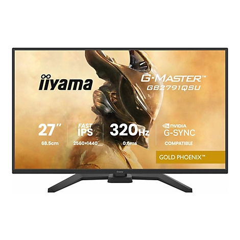 Ein schwarzer iiyama G-Master Monitor, Produktbezeichnung GB2791QSU. Merkmale: 27", 320 Hz, Fast IPS, G-Sync, Gold Phoenix.