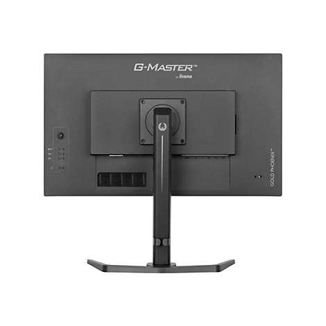 Vue arrière d'un moniteur noir. "G-MASTER" par Iiyama est écrit en haut. Les connexions et le support sont visibles.