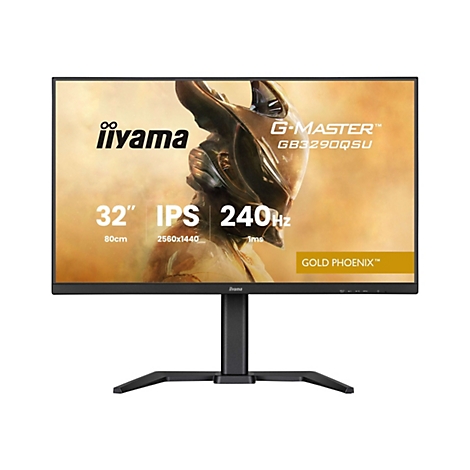 Ein schwarzer iiyama G-MASTER Monitor. Auf dem Bildschirm sind die Aufschrift "32", "IPS", "240Hz", "80cm", "2560x1440" sowie "GOLD PHOENIX" zu sehen.