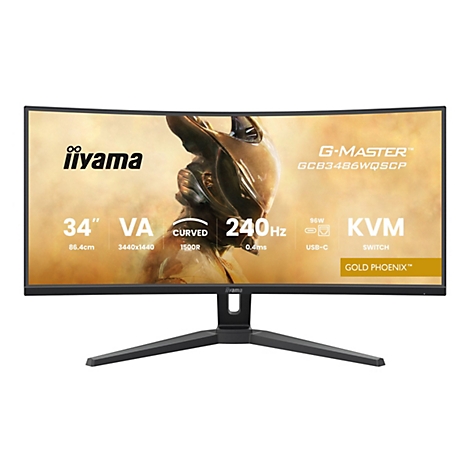 Ein gebogener iiyama Monitor mit Gold Phoenix Schriftzug. Der Monitor hat eine Größe von 34 Zoll, VA, 240 Hz und weitere technische Daten.