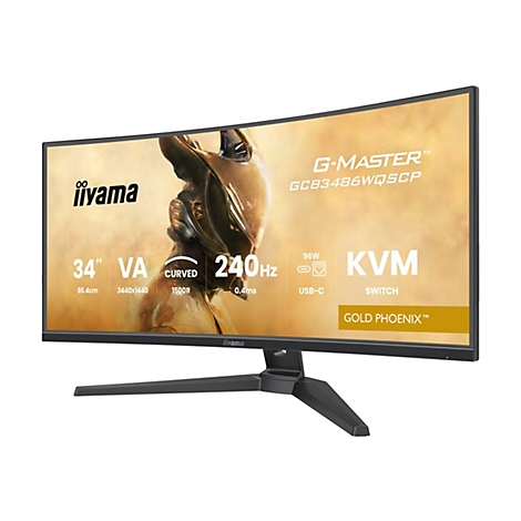 Ein gebogener Bildschirm, der "iiyama G-Master"-Monitor. Er hat eine Diagonale von 34 Zoll, VA-Technologie, 240 Hz Bildwiederholfrequenz und USB-C.