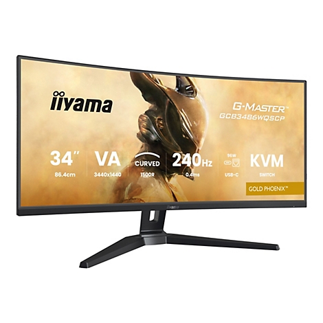 Ein gebogener iiyama Monitor mit den Merkmalen 34", VA, 240Hz, KVM, USB-C. Auf dem Bildschirm ist ein goldener Phönix abgebildet.