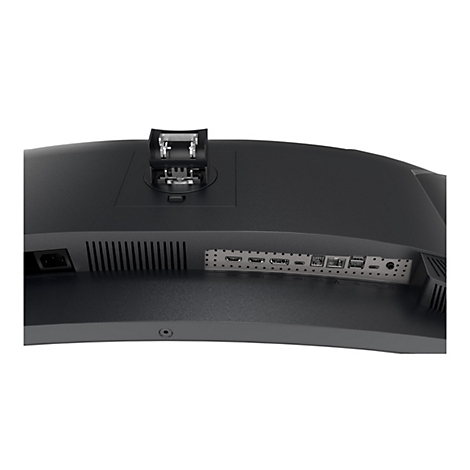 Nahaufnahme der Rückseite eines schwarzen Monitors mit Anschlussmöglichkeiten und Halterung.