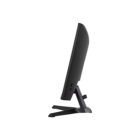 Seitenansicht eines schwarzen Monitors mit Standfuß vor weißem Hintergrund.