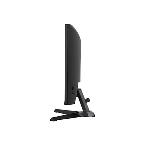 Ein schwarzer Monitor, Seitenansicht, auf weißem Hintergrund. Der Monitor steht auf einem schwarzen Standfuß.