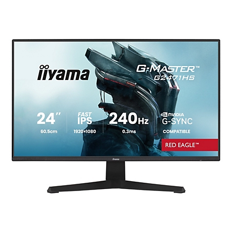 Ein schwarzer iiyama G-Master Gaming-Monitor mit rotem und silbernem Design. Er hat eine Diagonale von 24 Zoll und eine Auflösung von 1920x1080 Pixeln. Auf dem Bildschirm sind weitere technische Daten angegeben.