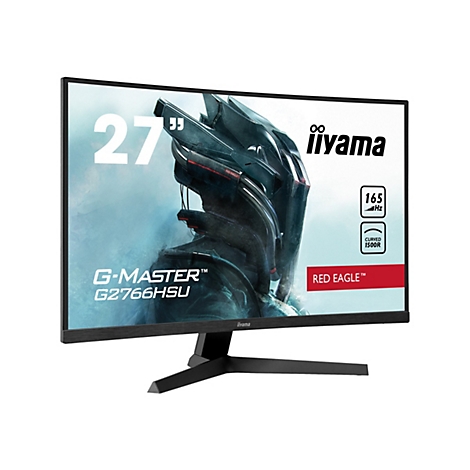 Ein iiyama G-Master Gaming Monitor. Schwarzer Monitor mit gebogenem Bildschirm, roter Schriftzug "RED EAGLE", und der Angabe 165 Hz.