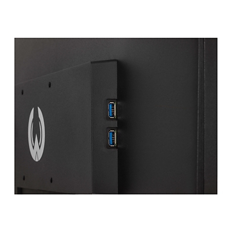 Gros plan d'un écran d'ordinateur noir avec deux ports USB. Le logo de l'entreprise est visible à gauche.