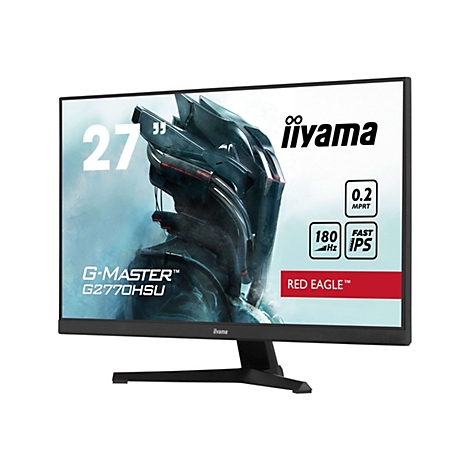 Un moniteur de jeu iiyama G-MASTER G2770HSU noir, avec un graphique futuriste sur l'écran. Des informations sur la résolution et les Hz sont affichées sur la surface.