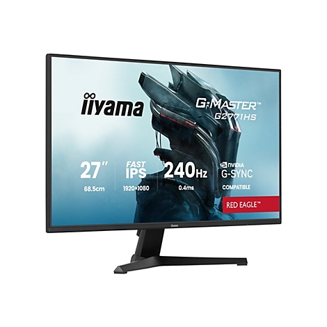 Ein schwarzer iiyama G-Master G2771HS Gaming Monitor mit einem schwarzen Standfuß vor weißem Hintergrund. Der Bildschirm zeigt ein stilisiertes Bild mit technischen Spezifikationen und Logos.