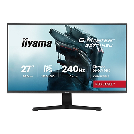 Ein schwarzer iiyama G-Master-Monitor mit der Aufschrift "27 Zoll", "Fast IPS" und "240Hz".