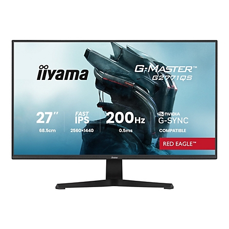 Ein schwarzer Monitor der Marke Iiyama mit der Aufschrift G-MASTER. Technische Daten sind zu sehen: 27 Zoll, 200 Hz, 0,5ms und NVIDIA G-SYNC.