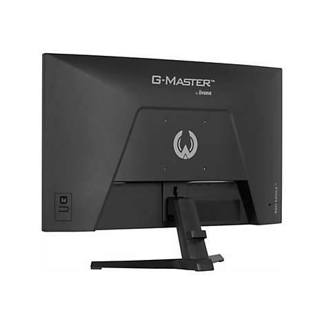 Rückansicht eines schwarzen G-MASTER-Monitors mit Standfuß. Schriftzüge: G-MASTER, by iiyama, RED EAGLE. In der Mitte ein Logo.