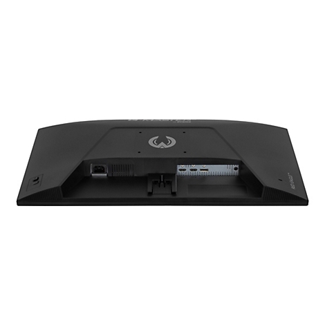 Rückseite eines schwarzen Gaming-Monitors mit Anschlüssen, Logo und Schriftzug.