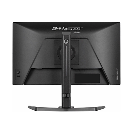 Rückseite eines schwarzen Monitors mit Standfuß. Schriftzug: G-MASTER und Red Eagle. Anschlüsse, Logo und Halterung sind erkennbar.