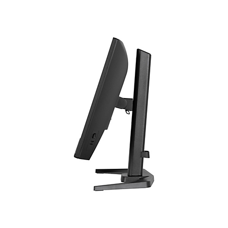 Schwarzer Monitor im Profil, mit Standfuß. Die linke Seite des Monitors zeigt Anschlüsse.
