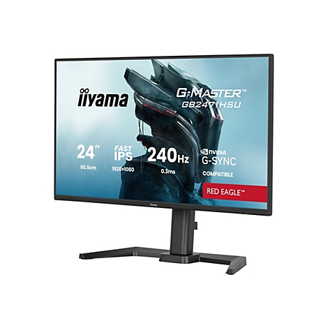 Ein schwarzer iiyama G-Master Monitor, der vor weißem Hintergrund steht. Auf dem Monitor ist ein abstraktes rotes und graues Bild zu sehen, sowie Produktinformationen.