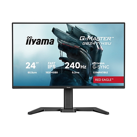 Ein iiyama G-Master Gaming-Monitor mit 24 Zoll Bildschirmdiagonale, schwarzen Rahmen und Standfuß. Auf dem Bildschirm sind technische Daten wie 240Hz und G-Sync zu sehen.