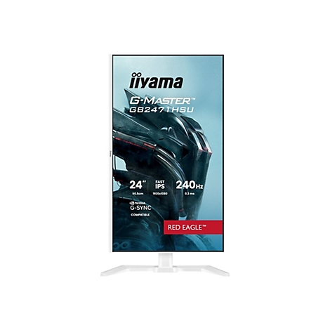 Ein weißer iiyama G-MASTER Monitor mit Details wie 24 Zoll, 240 Hz und G-Sync Kompatibilität.