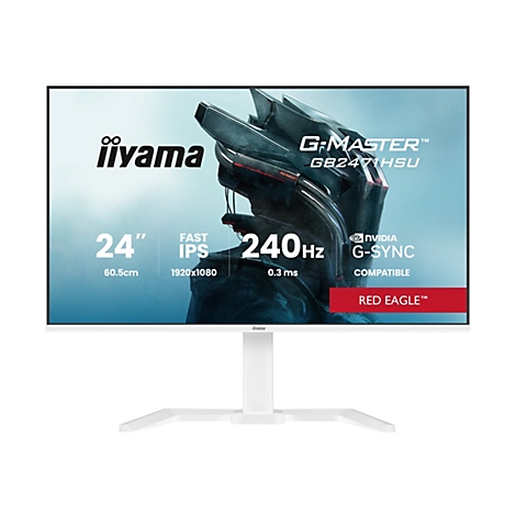 Ein weißer iiyama Monitor, 24 Zoll, mit rotem Schriftzug „RED EAGLE“. Auf dem Bildschirm ist ein abstraktes, maskenartiges Design zu sehen.