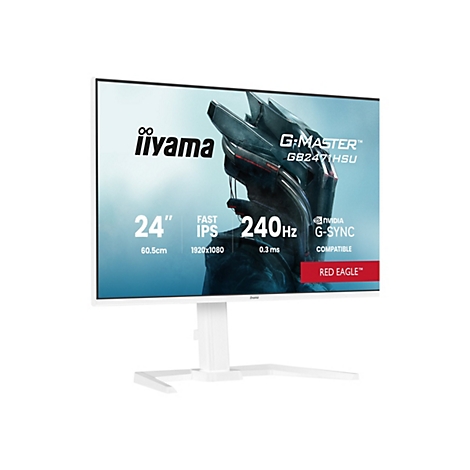 Ein weißer Iiyama-Monitor, der vor weißem Hintergrund steht. Auf dem Bildschirm sind die Schriftzüge "G-MASTER", "24 Zoll", "IPS" und "Nvidia G-Sync" zu sehen.