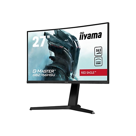 Ein schwarzer, gebogener Monitor mit dem Logo "iiyama" und der Aufschrift "27 Zoll". Der Monitor zeigt ein futuristisches Design.