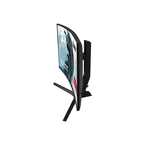 Ein schwarzer, gebogener 27-Zoll-Monitor mit der Aufschrift "G-MASTER".