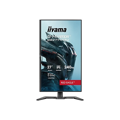 Ein schwarzer Monitor, der von iiyama G-Master beworben wird. Text: 27", Fast IPS, 240Hz, G-Sync kompatibel, Red Eagle.