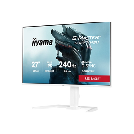 Ein weißer Iiyama-Monitor vor weißem Hintergrund. Der Bildschirm zeigt Grafiken und Produktinformationen, darunter die Bezeichnung "G-MASTER" und "GB2771HSU", sowie technische Details wie "27 Zoll", "240 Hz" und "G-SYNC".