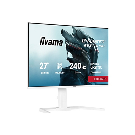 Weißer Iiyama-Monitor vor weißem Hintergrund. Der Bildschirm zeigt den Text "G-MASTER GB2771HSU" und Spezifikationen wie 27", 240Hz und G-SYNC.