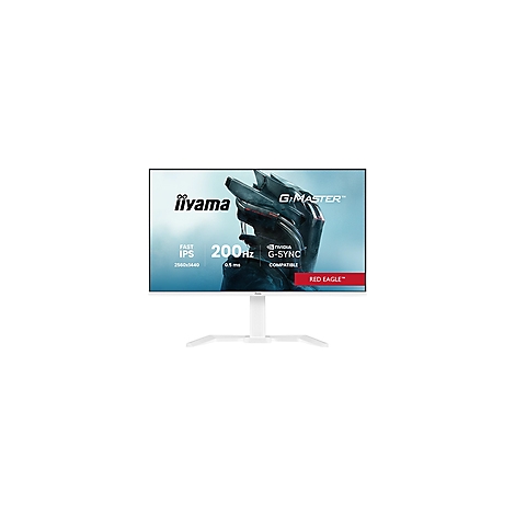 Weißer Iiyama-Monitor mit G-Master-Logo. Anzeige von 200 Hz, 0,5 ms Reaktionszeit. Nvidia G-Sync Compatible.