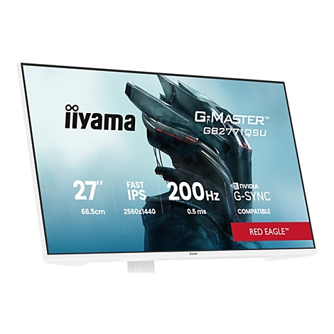 Ein weißer Iiyama-Monitor, mit den Beschriftungen G-MASTER, 27 Zoll, IPS, 200 Hz und Red Eagle.